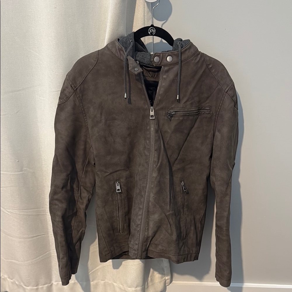 Men's Guess Brown Faux Leather Hoodie Jacket